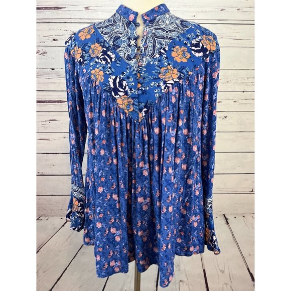 Free People Floral Fields High Low Oversize Babydoll Tunic top‎ XS Extra Small - Picture 1 of 14